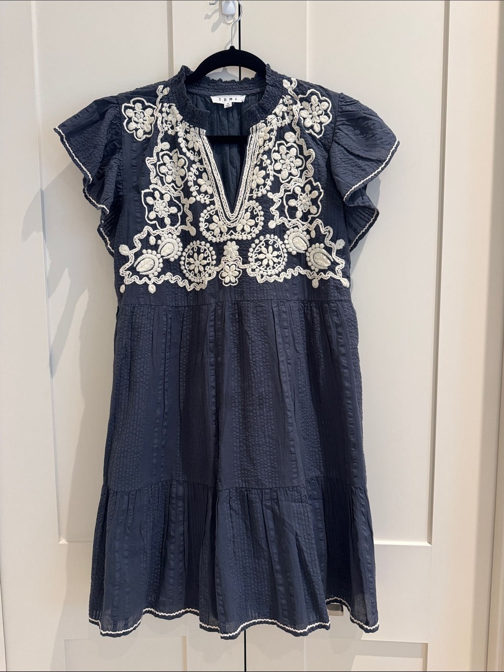 THML Slate Gray/Blue Lined Dress with Ivory Floral Embroidery